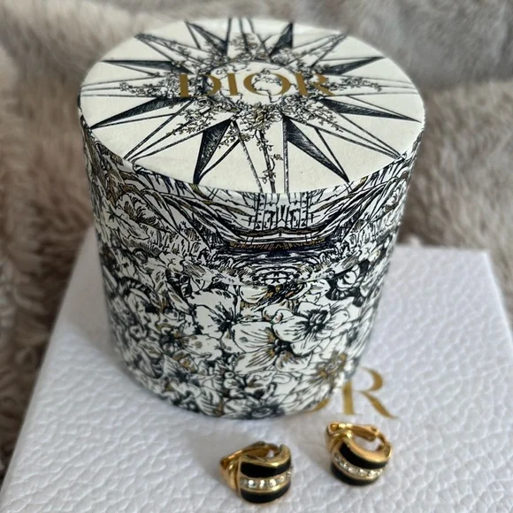 DIOR Gold Plated Black Enamel Clip On Earrings by Christian Dior Authentic. - Picture 2 of 7